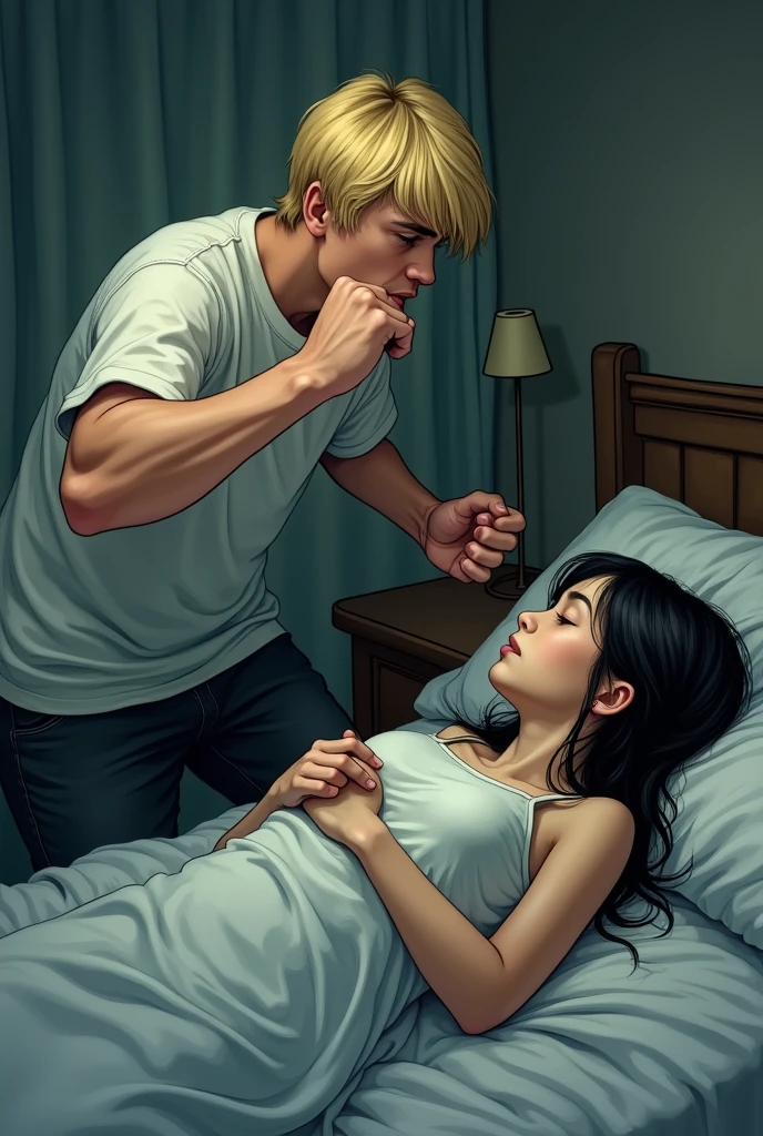 Un homme sexy avec des gants chirurgicaux courts blanc qui mets sa grande main sur la bouche d’une femme dans un lit pour l’etouffer et l’empecher de crier car la femme crie
