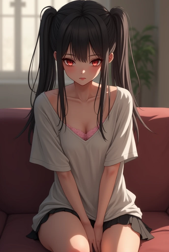 1girl, breasts, red_eyes, long_hair,black_hair, solo, blush, looking_at_viewer, collarbone, naked sweater,siting,indoors,