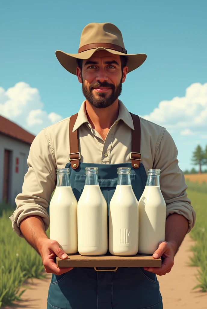 Handsome man collecting milk in the field without a shirt
