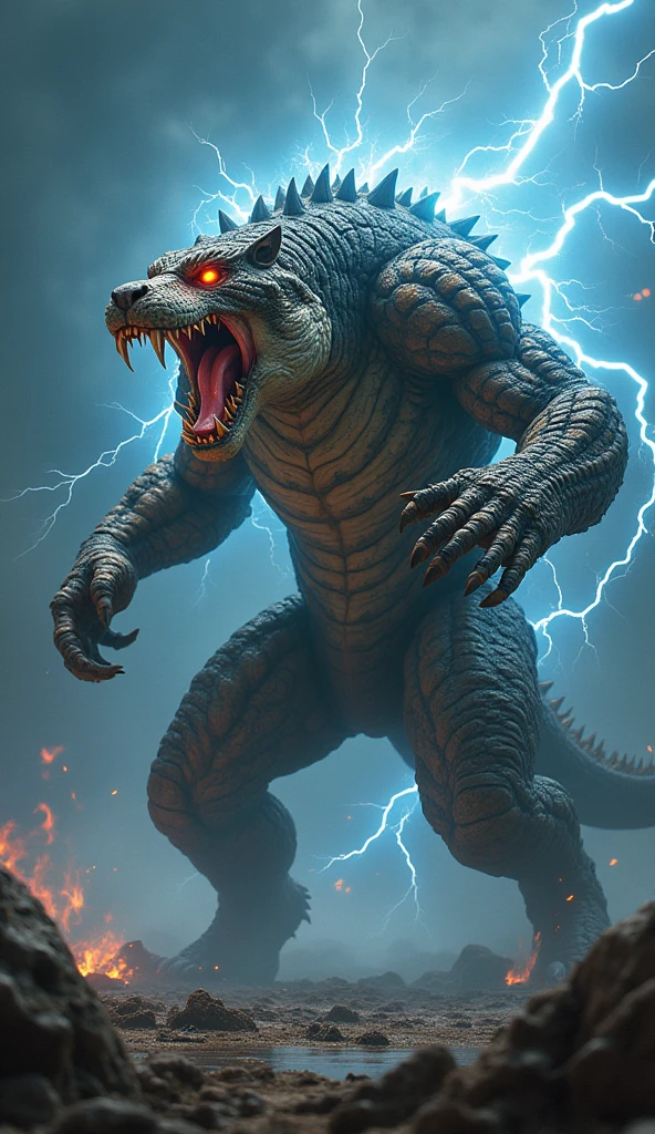 Godzilla rampaging through a city, ancient creature, destructive, thunderstorm, thick smoke, disaster scene, massive size, immense power, fear-inducing, detailed scales, realistic lighting, cinematic quality, HDR, ultra-detailed, studio lighting, professional, vibrant colors, detailed cityscape, dramatic sky, dynamic composition, epic proportions.