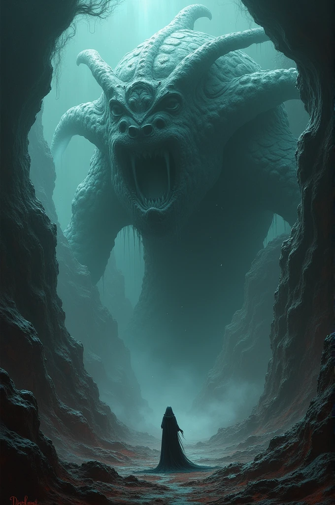 cyclops in the entry of a cave next to the sea, seen from a boat on the sea