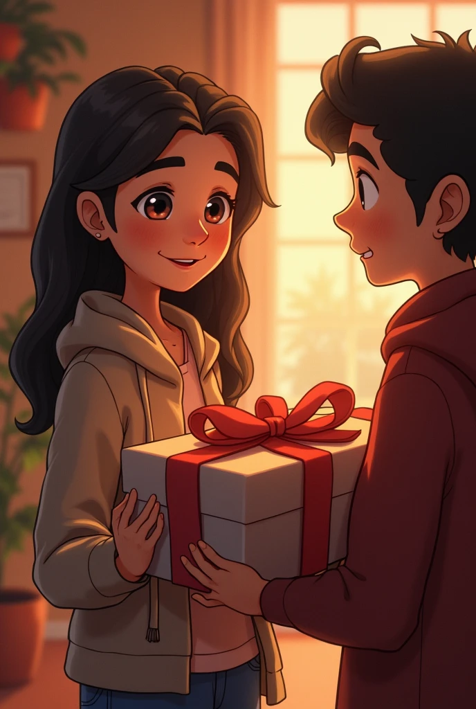 Ajay is handing a small, beautifully wrapped box to Riya with a shy smile. Riya is surprised, her eyes wide with curiosity and excitement. The background shows a softly lit tea stall.