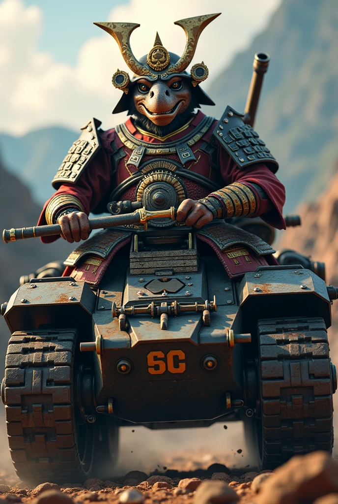 A blue and white budgerigar wearing Japanese samurai armor riding a tank and holding a katana.
