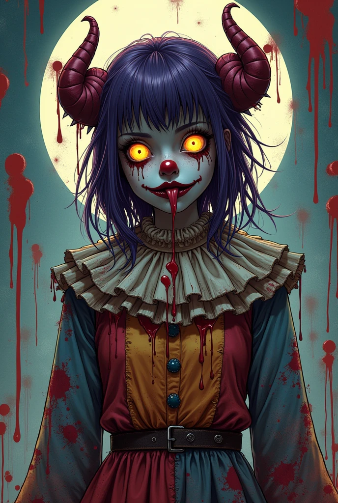(masterpiece: 1.2, highest quality),((Sunburned skin))、 nightmare, Doll-like face, Horror elements 、Unique atmosphere、Colorful devil clown, Japanese painting, Creepy Appearance, Characteristic hairstyle,(Colorful hair colors)、Collar with chain、National costume