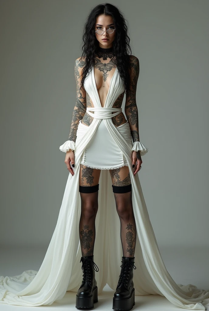 Digital art, Eric Wallis-inspired nun, black makeup enhancing the mysterious aura, transparent chiffon cassock flowing with every subtle movement, adorned with gothic tattoos featuring crosses and wings, fingers embellished with cross-shaped nails, Patrick Demarchelier's photographic style, shot in the confines of a professional studio, ultra HD, realistic rendition of divine elegance, distinguished by sharp focus, intricate details as seen in octane rendering,layered with detailed acrylic grunge textures, complexity in every stroke, rendered in Unreal Engine for a photorealistic effect. High Resolution, High Quality, Masterpiece