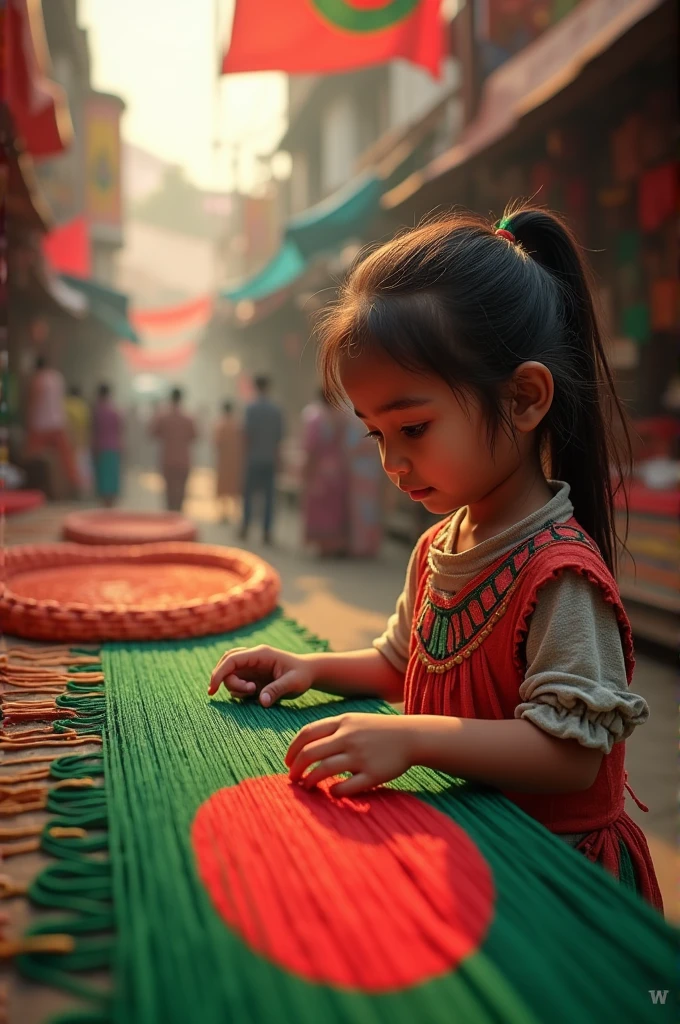 A poor girl is sitting on the road next to a river on the streets of India She is sitting on the road making a ship out of wood with her own hands.