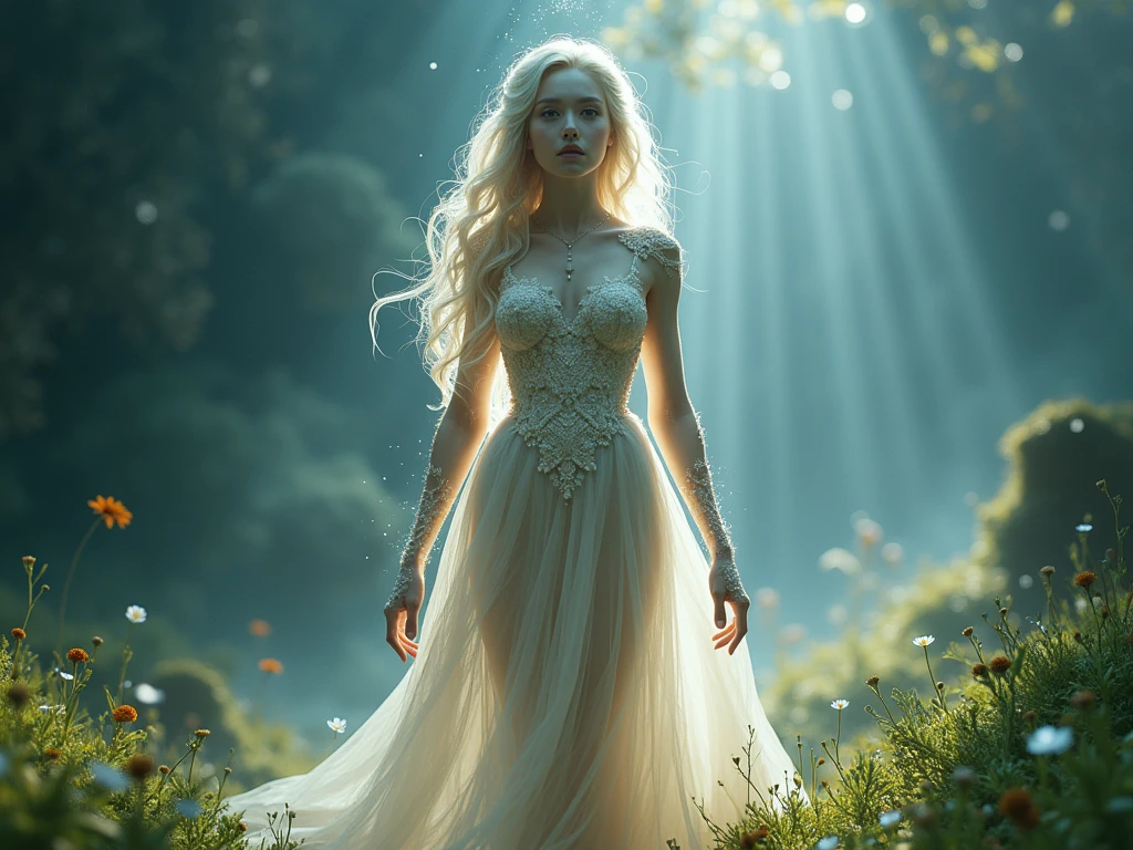  look straight ahead,
Scandinavian elf charming half-length close-up photo,Old Master Painting, dark aesthetic,， Has blonde hair, blue eyes, Exceptionally beautiful, minimalist, eternal melancholy, Stylish photography style, Dramatic firefly light, black to black, Asymmetrical composition, concept fantasy, intricate details, Perfect body, radiant skin, expressive eyes, High cheekbones, Delicate nose, bright smile, flowing hair, Wearing an exquisite white high-end lace wedding dress, Forest background under moonlight, Advertising style shoot, romantic wedding photography style, soft natural light, Shot with Canon AE-1 film camera, Lens 50mm, F/1.8, Deep light, pastel color palette, Very detailed, 8k,