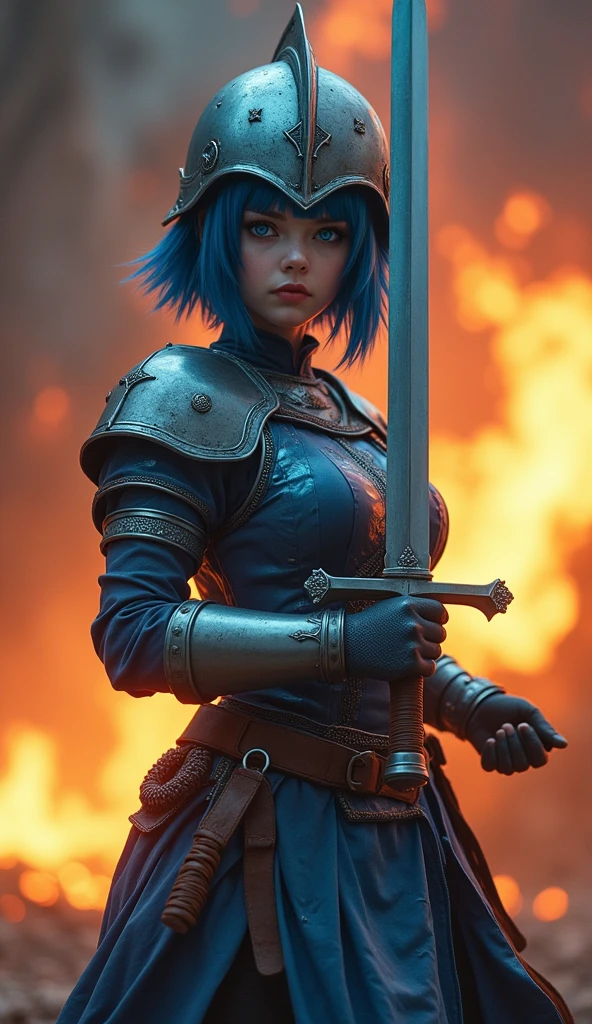 Captured from a low-angle perspective, a female warrior is depicted in a close-up shot. She is dressed in a metallic outfit, adorned with a blue hoodie and silver gloves. Her hair is styled in a short bob, adding a pop of color to her face. Her eyes are a piercing blue, and her lips are a darker pink. Her skin is covered in a pattern of black and white, while her hair is a light blue. She has a tattoo on her chest. Her left hand is raised, and she is holding a blue sword in her right hand. The background is blurred, suggesting a natural setting.