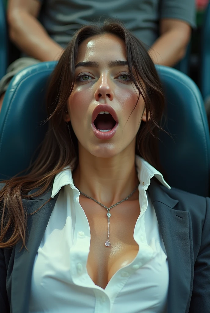 Arafa woman, naked tits,emotional face shot, extreme face contortion, fleshy creature above her mouth, Face Bet, amazing depth, Very excited, Alina Ivanchenko, there's a scary atmosphere behind her, Unbelievable depth, Audience in the background, Maxim Sukharev, so happy, that her face hurts