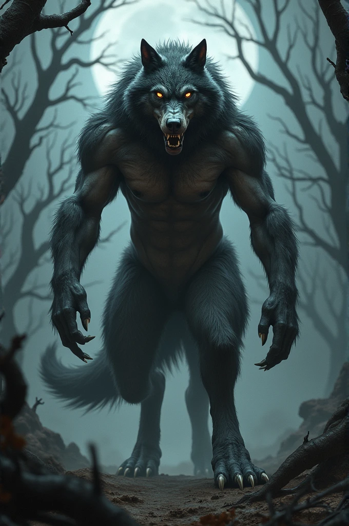 (medium full shot) of (horrifying werewolf), ash grey fur, scarred body, wearing rugged pants,  enchanted talisman,  set in  a fog-covered mountain trail with hidden pitfalls, ghostly apparitions, a sense of foreboding, during a full moon, Masterpiece,best quality, photo, realistic, very aesthetic, detailed face,