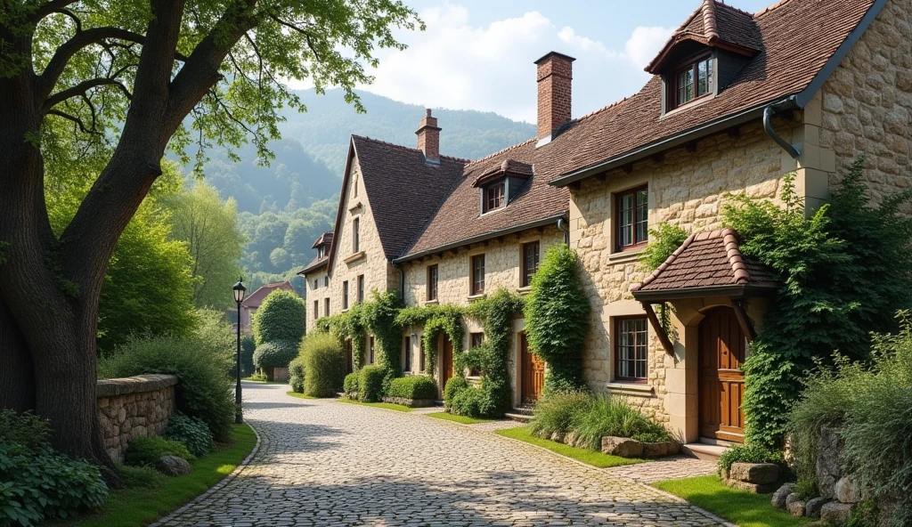 A serene European village with traditional stone houses, showcasing their historical significance. The houses are surrounded by cobblestone streets, lush greenery, and a peaceful ambiance that highlights their role as living pieces of history.