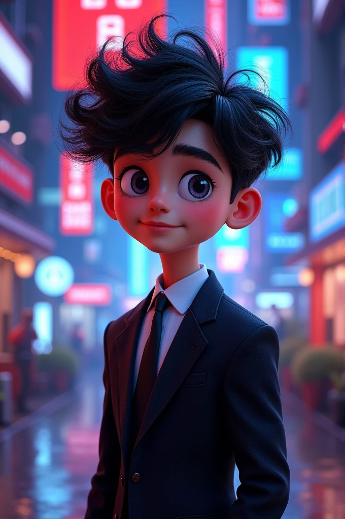 21 year old boy with smiling oblong face and wearing formal dress and in the background there are reflecting low blue and red light 