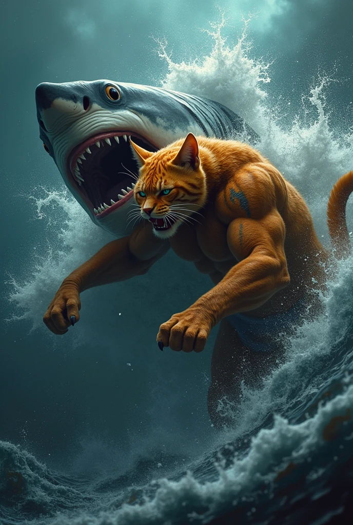 A humanoid body builder orange cat carrying a dead shark on his back , stormy and wavy ocean.