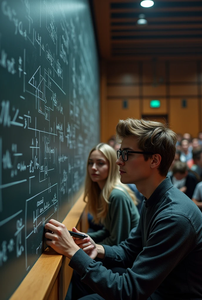 Handsome nerdy Hollywood-type boy with glasses , writes complicated ...