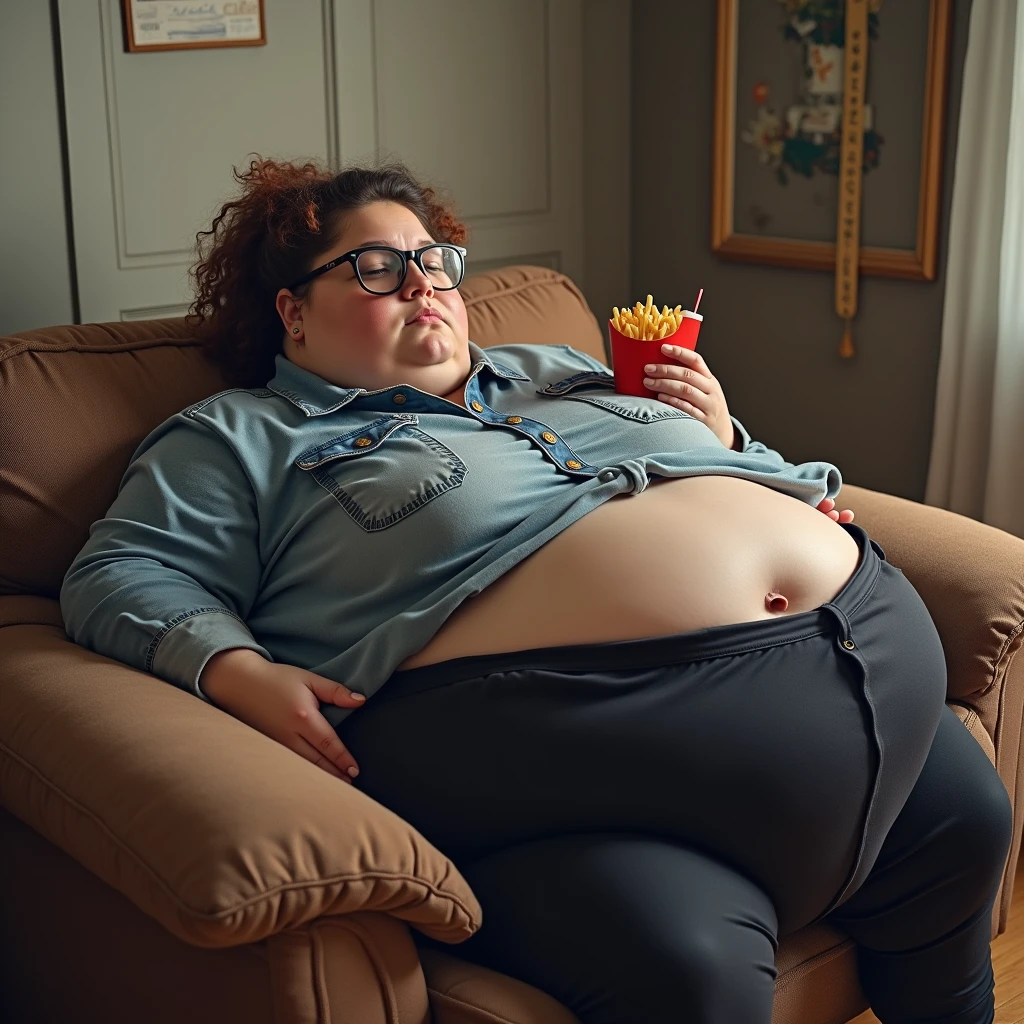 Women with big fat, loose bellies are Tess Holliday. Beautiful blonde women with beautiful faces are severely obese, obese American women with big, loose, protruding bellies wearing tailored jackets sitting on sofas in Brooklyn style brick rooms, 4K quality, low angle