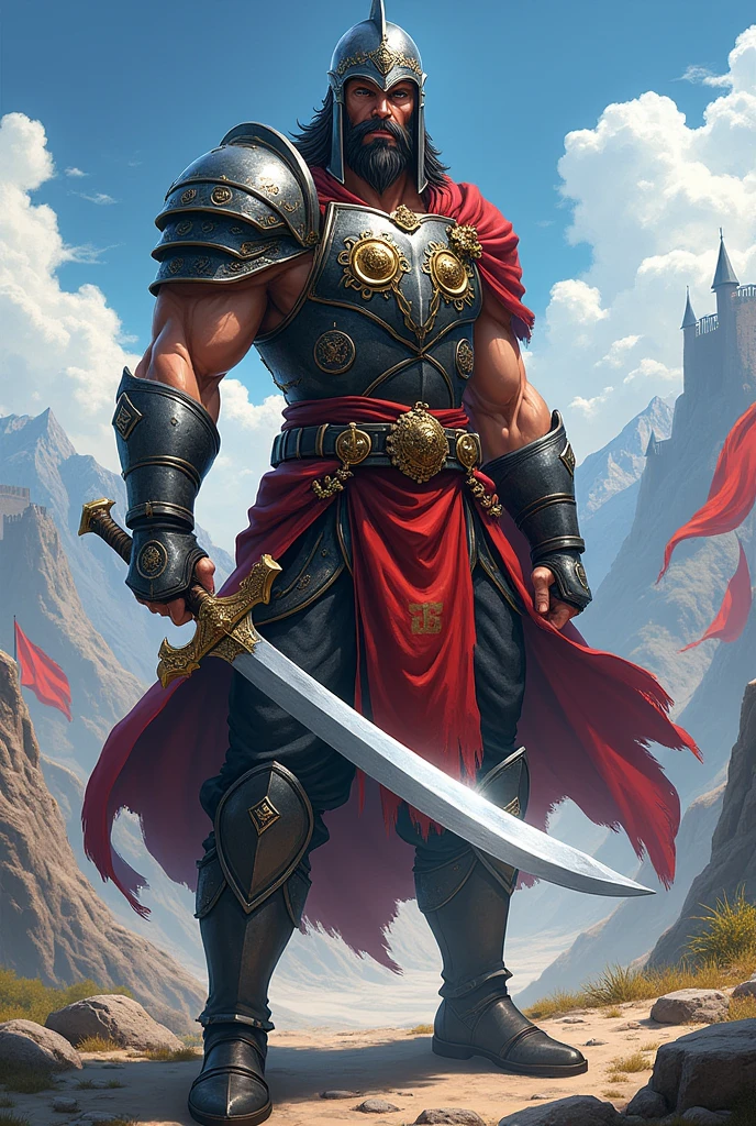 male warrior, short hair shaved on the side, stylish beard, dynamic pose, wearing Victorian-era armor, ((background a sky full of clouds))