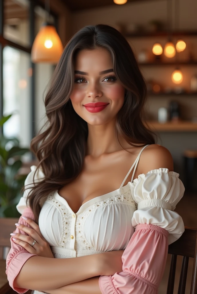 Gorgeous 25 year old Italian girl, sexy look, sexy blouse, elegant blouse, very high resolution, 16k, real, sweet, eye-catching, sexy skirt, luxury, gala, necklace, earrings, red lipstick, flip flops, sexy sitting at the terrace bar, photo bright, outside the bar, mouth open, elegant summer clothes, during an aperitif, gucci belt, erotica, looking away, gucci bag, city, laughing while looking away, beautiful smile