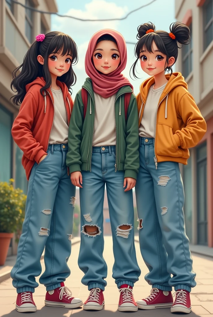 cartoon of three women with black hijab in pink jacket and black training white shoes with a white background, caricature illustration, official illustration, three head one body, 3 heads, the three moiras, charactor, caricature!!!, cartoon image, caricature style, style of cartoon, official print, potrait, in cartoon style, chibi, detailed cartoon, fanart