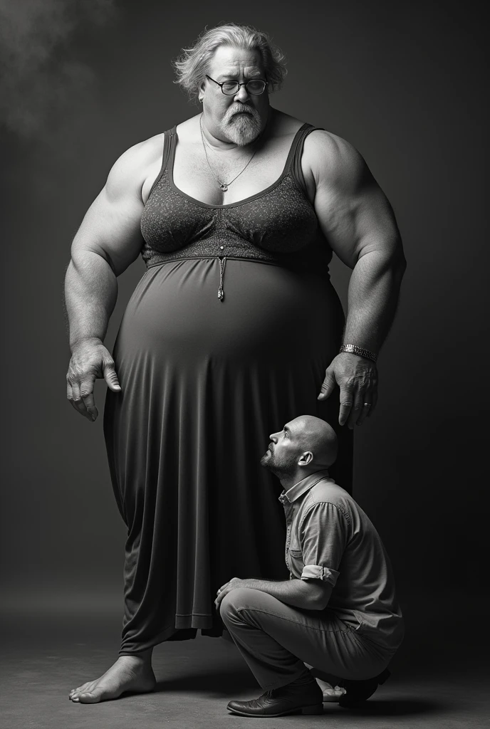 Create a realistic image of an elderly woman, 90 years old, obese, with black and dark skin, wearing a white shirt and black skirt and glasses, lifting the body of a 25-year-old woman from the ground by the waist and lifting it high into the air, with light white skin, long brown hair, slim body, completely naked with her breasts exposed and wearing short denim shorts