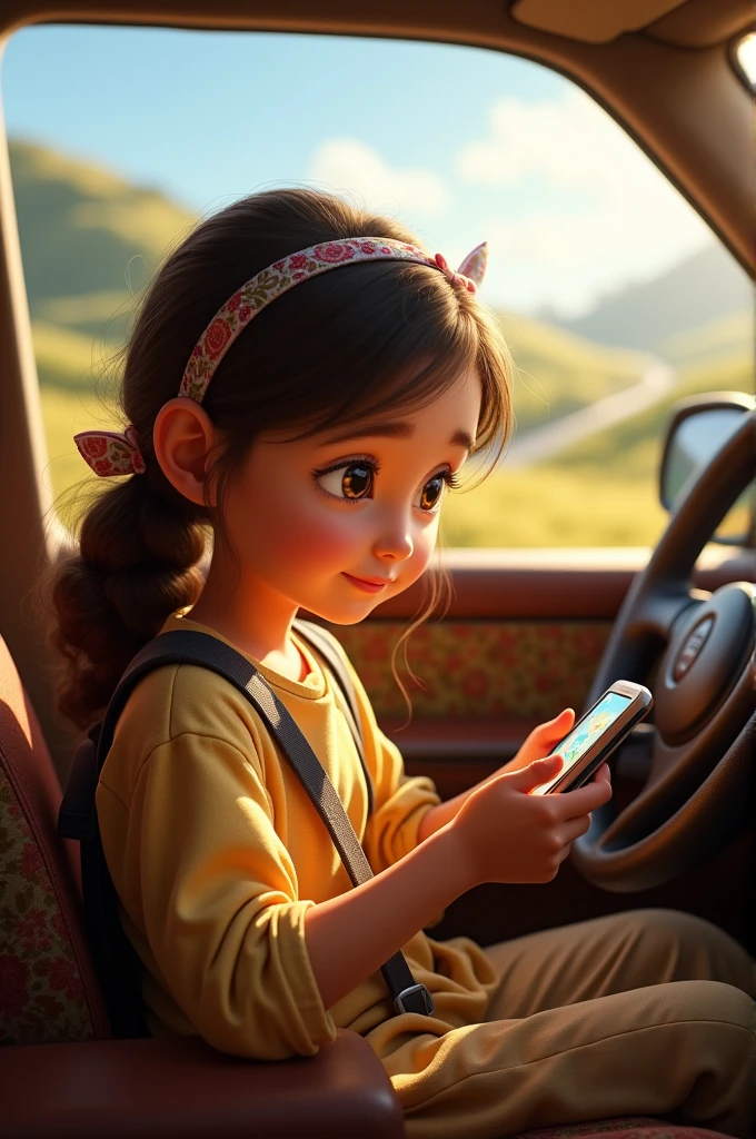 a young girl in an old car 