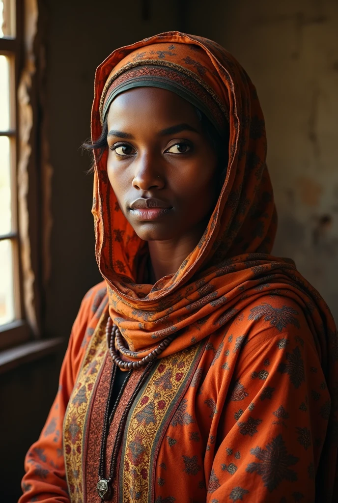 A photo of a person with (striking blue eyes:1.3), dark complexion, draped in a (black headscarf:1.2), (piercing gaze:1.2), subtle facial features, high contrast against (dark background:1.1), (depth in eyes:1.2), natural light highlighting face, sharp focus, portrait orientation, Canon EOS R, 1/80s, f/2.8, ISO 100, (soulful expression:1.3), intimate portrait, profound narrative, (rich texture detail:1.1), fine art photography,
