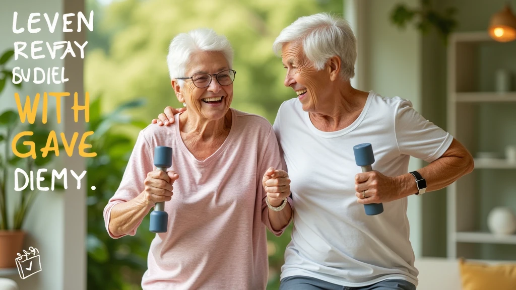 An outdoor park on a sunny day. Show at dinner ((an elderly couple)) in colorful sportswear, ((smiling and doing physical exercises)) (highlighting its flexibility and freedom of movement, symbolizing pain relief and a high quality of life). The background is filled with lush green trees and a clear blue sky. The general mood is happy and active.