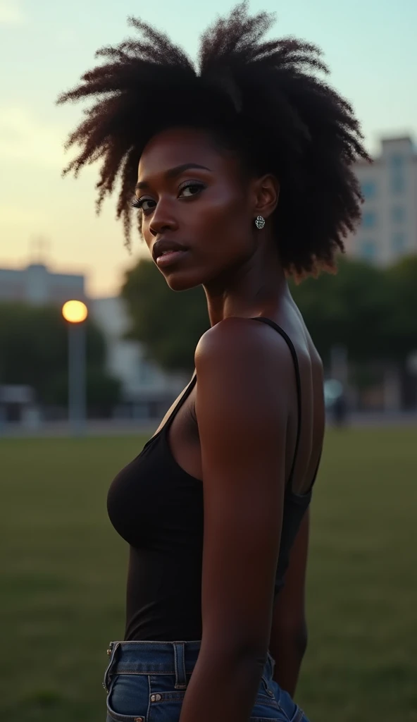 Gorgeous African woman with short hair and giant breasts doing a sexy, realistic pose