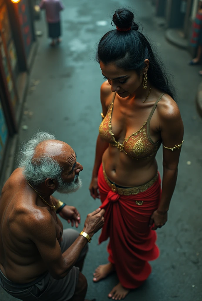 (photorealism:1.2), a hot Indian sexy model girl naked standing with a dirty old man beggar, wearing a lungi at night beside an empty railway station, sexy figure, black old man, high-quality image, detailed, no distractions, sharp, 8k, low angle, both are a nude, front view, smiling, talking, beautiful wife, wearing jewelry, sexy figure, fair skin girl, and dark old skin man, 