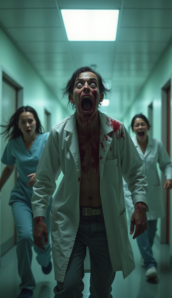 Woman with a crazy face next to a sane man, inside a neuropsychiatric hospital