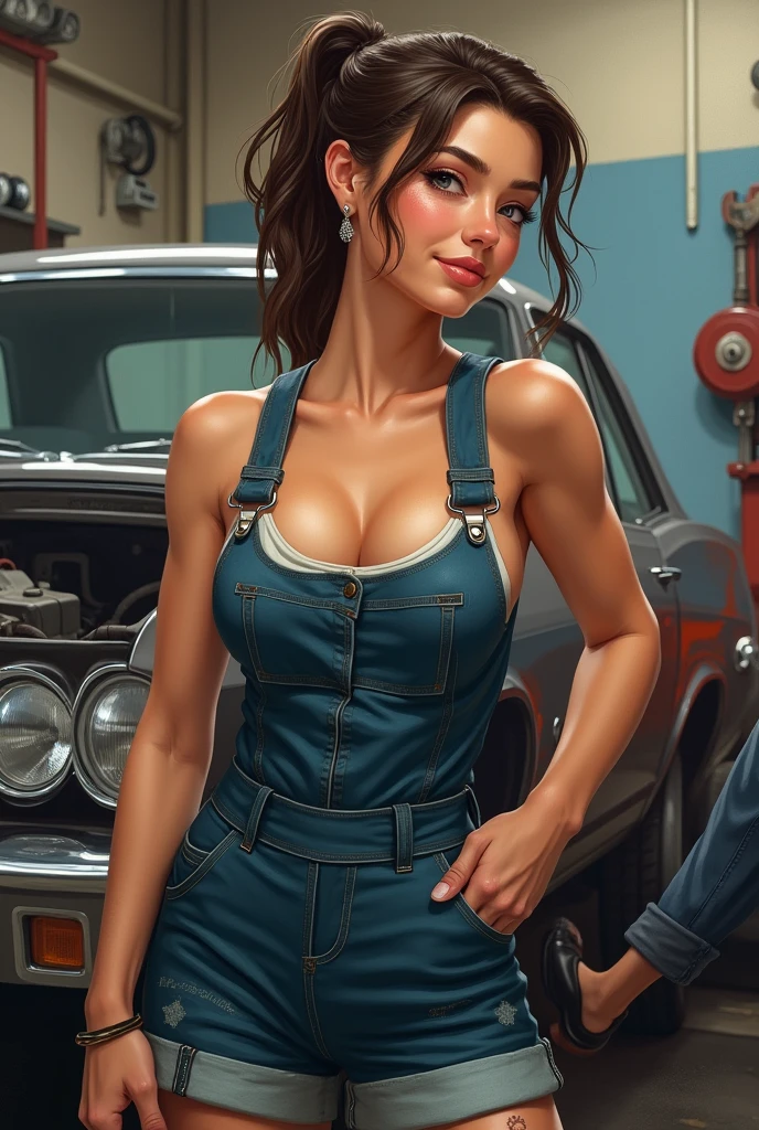 muscular, thick thighs, wide hips, huge perky ass, very pale fair white skin, dark brown hair in messy bun, big blue eyes, most beautiful European woman on earth, detailed face and eyes, looking at viewer, facing camera, centred in frame, masterpiece, best quality, 8K HDR, huge breasts, 85mm photo, shallow depth of field, tack sharp, solo, 1girl, face extremely close to camera, from front, leaning into camera, cleavage, downblouse, very plump full lips, exaggerated hourglass physique, shredded fit body, zero body fat, muscle definition, striations, broad shoulders, deltoids, tiny waist, long lean torso, abs, obliques, real hands, sweaty, incredibly seductive mechanic, very hot room, dimly lit mechanic garage, (denim jumpsuit, dirty:1.4), flirty smile