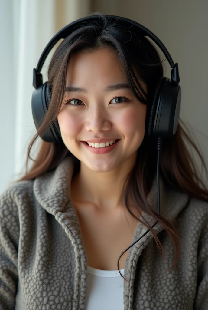1girl,  solo,  long hair,  looking at viewer,  blush,  smile,  long sleeves,  holding,  jewelry,  sitting,  purple eyes,  collarbone,  upper body,  braid,  white hair,  grey hair,  parted lips,  indoors,  necklace,  off shoulder,  sweater,  window,  single braid,  headphones,  instrument,  couch,  hair over shoulder,  music,  guitar,  brown shirt,  playing instrument,  holding instrument,  bra strap,  acoustic guitar