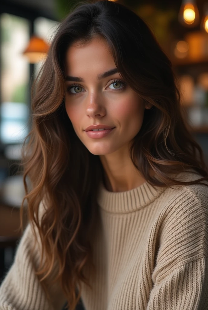 Girl, 30 year, long brown hair, brown eyes, sharp features, white skin, pink lips, perfect, sweater