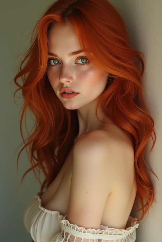 arafed woman with long red hair and a red lipstick, ginger wavy hair, flowing ginger hair, long curl red hair, long wavy red hair, red hair and attractive features, curly copper colored hair, wavy big red hair, curly red hair, red long wavy hair, long loose red hair, a redheaded young woman, long ginger hair, red haired young woman, nude, nipple