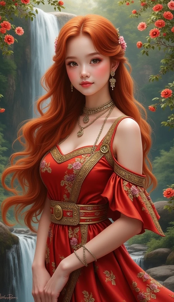 Beautiful fantasy princess, solo, (1.3), in a stunning red dress, (Detailed, intricately designed, flowy, fitted), ((Highly detailed facial features:1.2)), ((Realistic, beautifully textured skin)), ((Long, wavy, red hair:1.3)), hair accessory adorned with precious gems, ((Engaging pose:1.3)), ((Perfectly proportioned:1.1)), ((Magical, ethereal environment:1.37)), (surrounded by lush greenery and enchanted creatures), (BREAK), ((Photorealistic:1.3)), (Ultra-high resolution:1