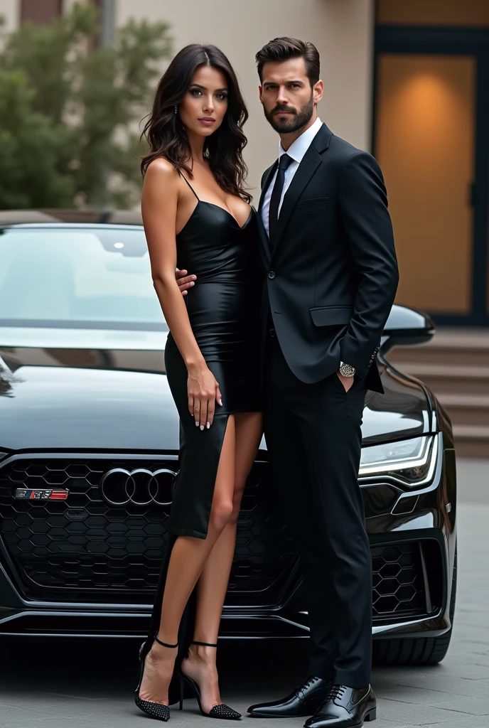 1 man,1woman, woman look Kendal Jenner, woman in long hair,black hair,brown eyes,red glamour dress, man in musculair, suit, trained, man are taller than woman, background luxury home and red car