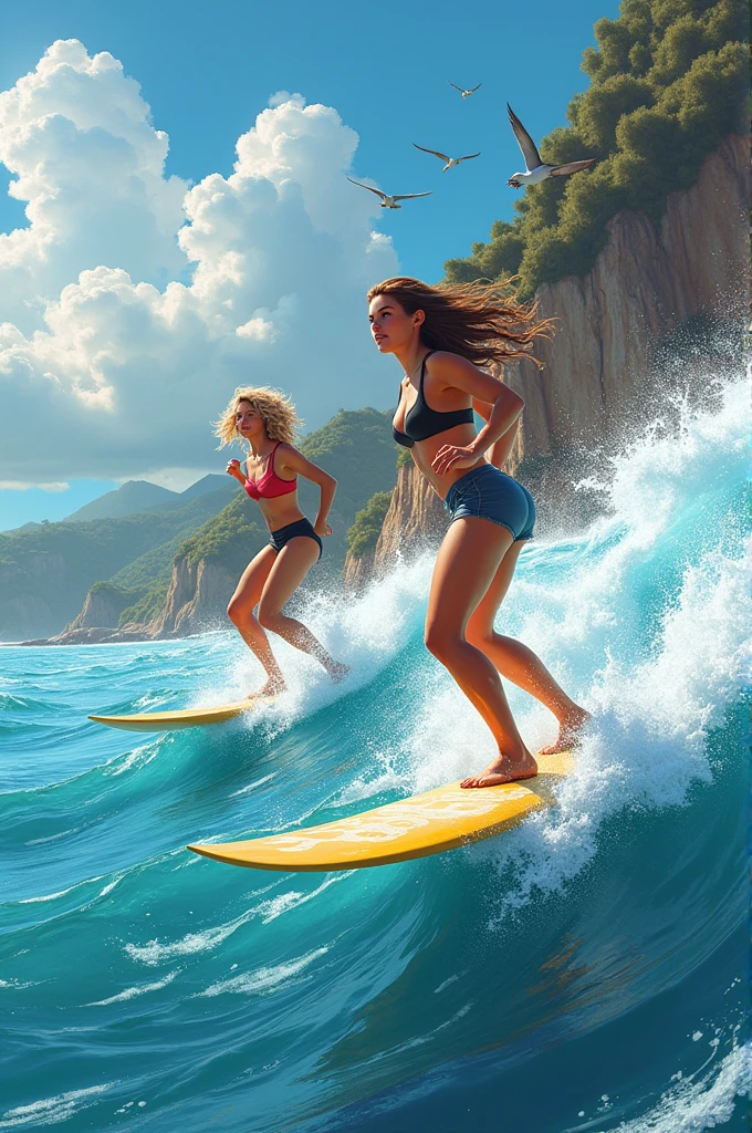 The couple of girls surfing together in a tropical landscape at sunset and they are not in swimsuits