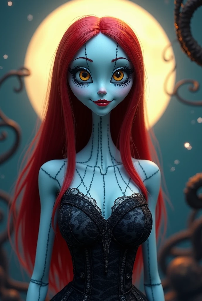 Sally, colored skin,stitches,long red hair, stitched face, lips, makeup, small pupils, smile , solo standing, big eyes, sitting, shocked eyes,
SalDre, dress, underwear, cleavage, covered nipples,
garden, night time, dead plants, moonlight,
(insanely detailed, beautiful detailed face, masterpiece, beautiful detailed eyes, best quality) <lora:Sally:0.8> <lora:Crazy_ExpressionsV2:0.6>