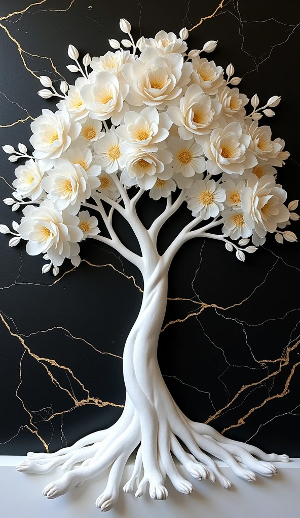 Create 3D floral art white tree ,  tower tree on knife canvas painting,  hand painted oil painting with texture ,  minimalist black and gold marble background  