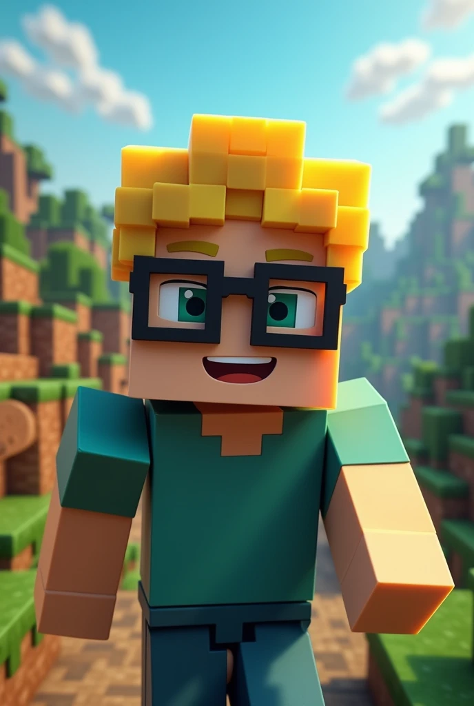 Create an image of a blond Minecraft character wearing square glasses with a black frame in a Minecraft game scenario 
