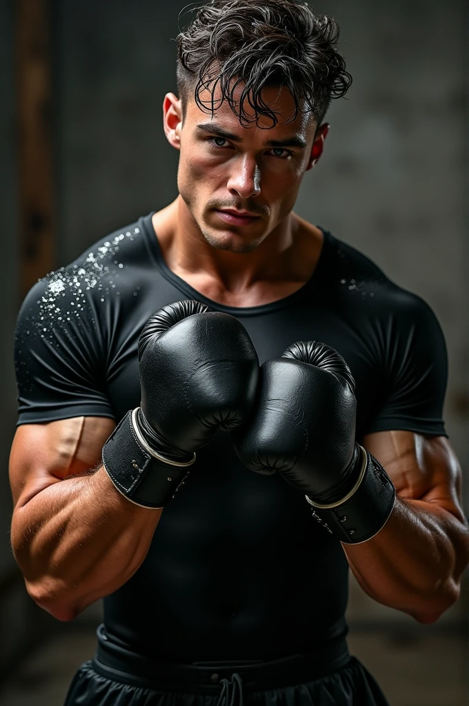 A very sweaty handsome boy in wet black satin thermo is clutched in black leather fighting gloves