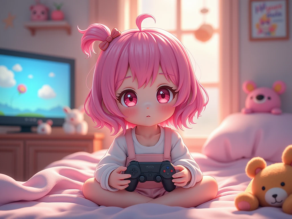 ((petite bishojo, two girls)), ((kawaii face)), ((kawaii eyes)), ((masterpiece)), ((top quality)), ((hyper detailed)), (exquisite), (depth), (crisp), (8k), (beautiful and aesthetic), (super detailed skin), ((high standard)), ((high resolution)), (perfect anatomy), (full body), (blush), (wariza), (light clothes), ((holding gamepad)), ((looking at TV, playing video games)), (bragging face),(knee socks), (perfect hands)