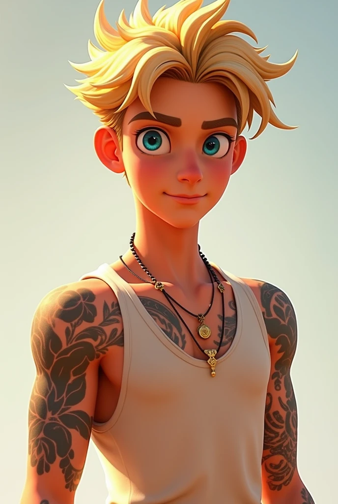 In cinematics 3D cartoon style " a young man is standing in a park, wearing orange shirt and a black pant, his body is fill with tattoos "