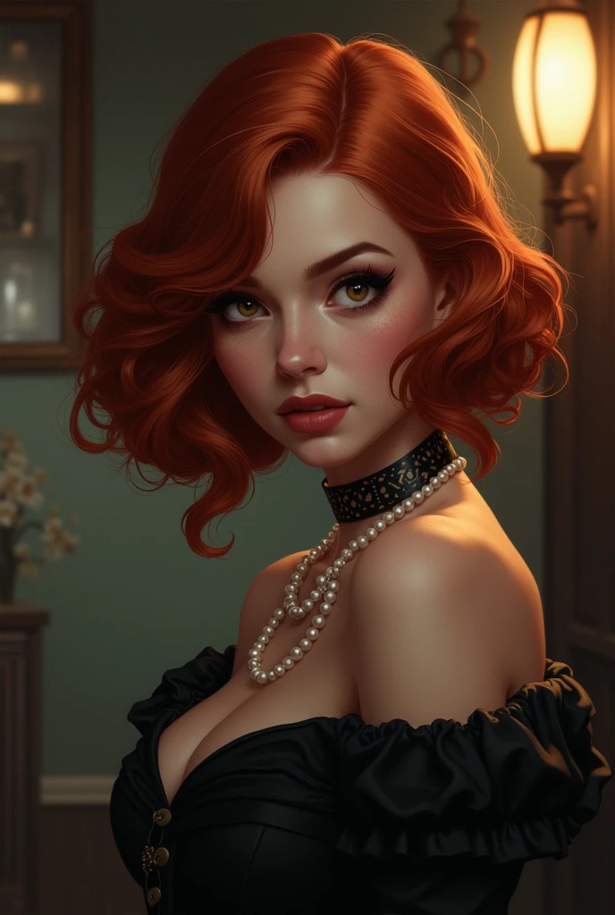 Taki, leaning against a bar , (heavy eyeshadow, red lips), slender, diamond necklace, fantasy art, concept art, delicate features, feminine, copper colored hair in a loose bun, seductive, Chiaroscuro lighting, (style of howard chandler christy:1.0), (charcoal sketch by jean-joseph benjamin-constant:1.3)

