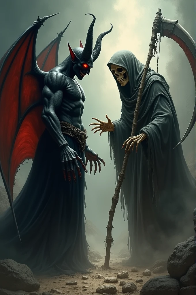 Devil vs Azrael The devil should be a little uglier and look like the devil, Azrael should have a sickle in his hand and a hood on his head.