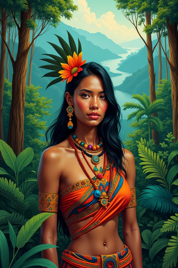 1 girl, (dark skinned female, black hair:1.1), black eyes, tribal girl, tribal accessories, naked, tribal tattoos, smirk, Island background, masterpiece, best quality