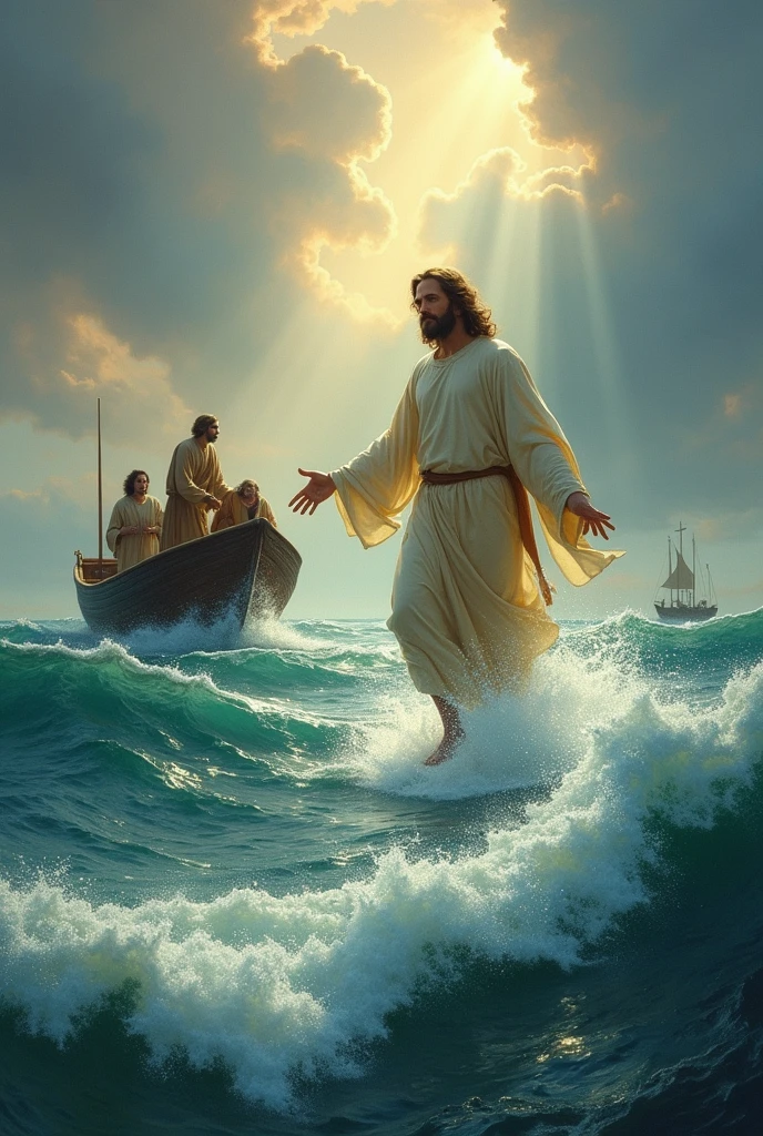 Jesus Riding A Wave Jesus is walking on the waves and Peter is going to meet Jesus - SeaArt AI