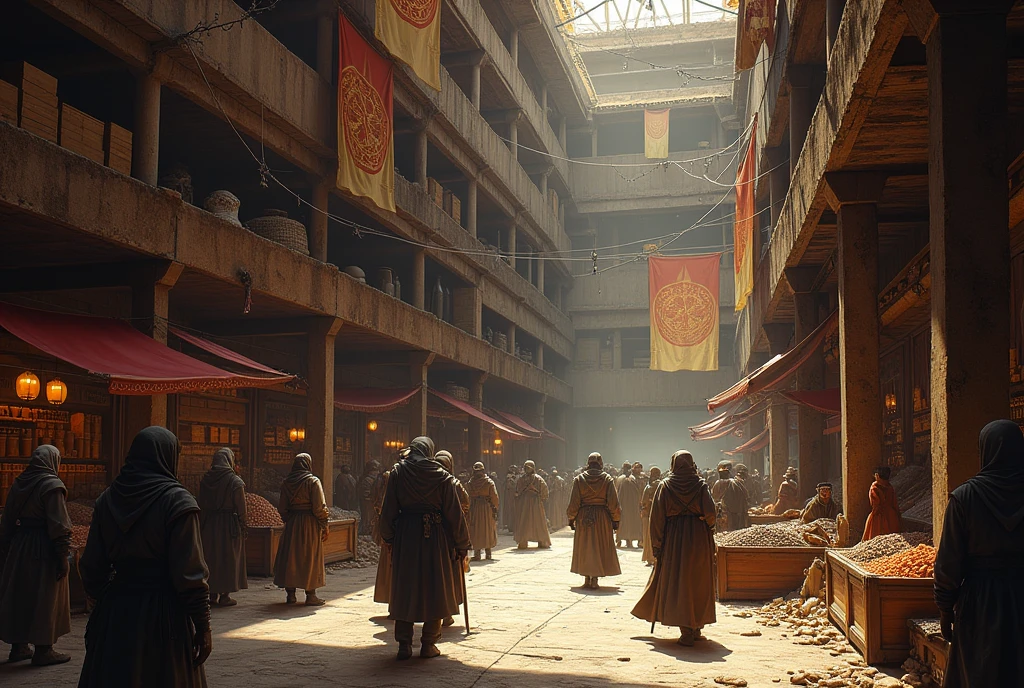 A group of people with camels sat around the market, unreal engine 5 highly rendered, author：feng zhu, epic cinematic concept art, Beautiful rendering of the Tang Dynasty, Rosla global lighting, andreas rocha style, concept art stunning atmosphere, concept art scene, trending on concept art, unreal engine 5 render, film Silk Road landscape, unreal engine 5 lumen