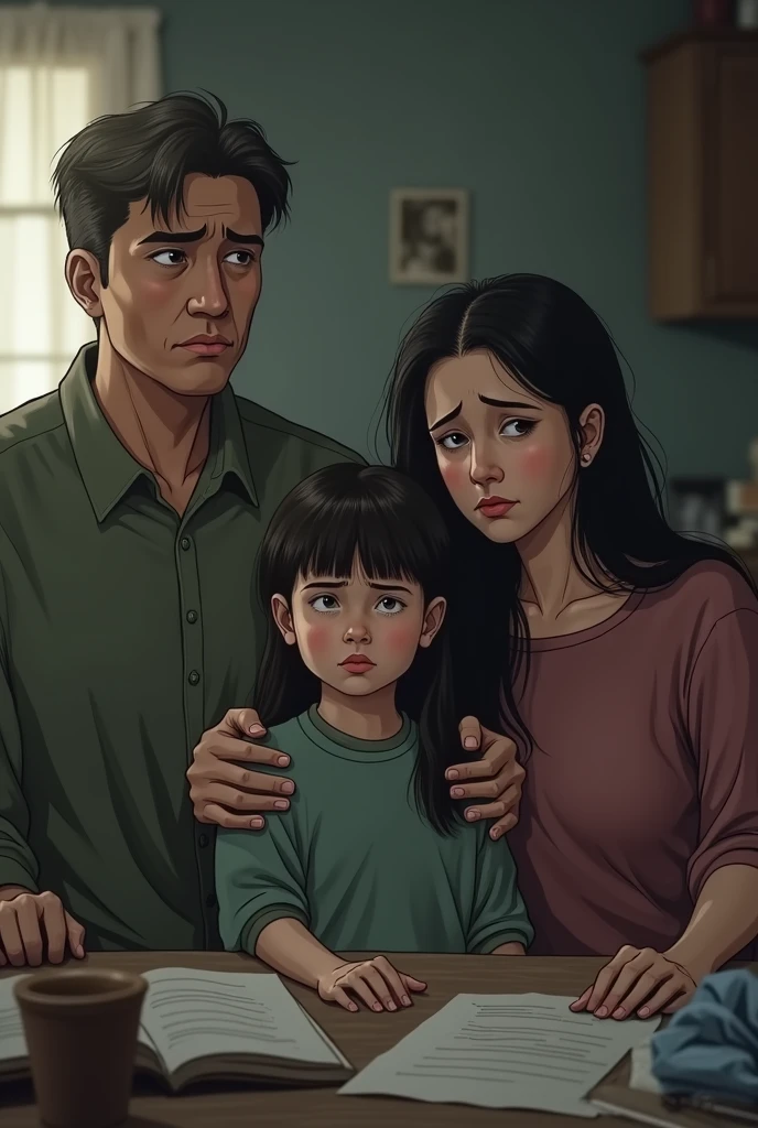 White skin colored girl, Brown hair, purple blouse and pants, sad with his parents also sad and on the table there are 3 Colombian dollars, and the girl looking sadly at the bills