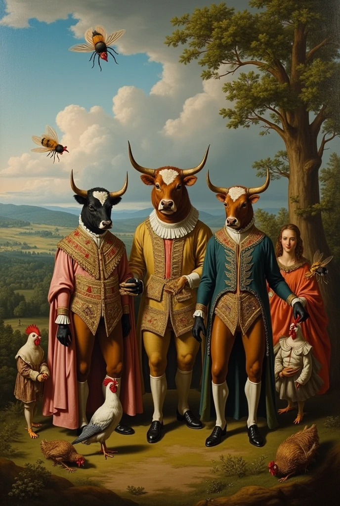 Old family photo, a man with bull head , a woman with cow head, a small boy with a bull head, wearing formal attire