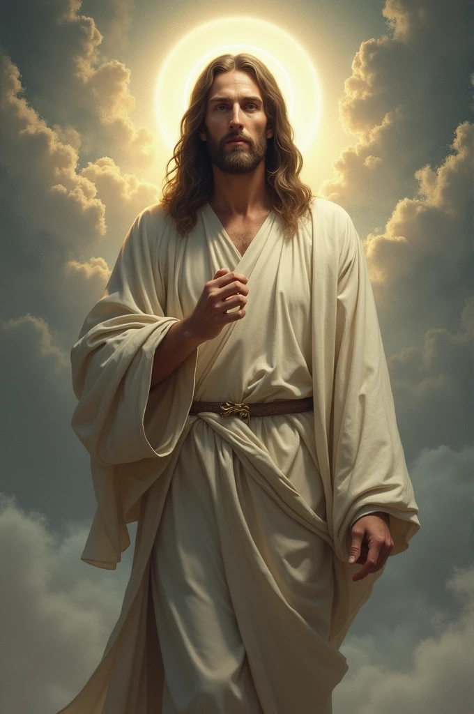 Create a Realistic variation of an image depicting Jesus in heaven, with shoulders-length hair, a well-groomed beard, and compassionate, emotive eyes that radiate warmth and understanding. Dressed in a bright white, conservative tunic, Jesus stands in the clouds, bathed in a white, bright, and heavenly glowing backlight. With open arms, he appears captivating and welcoming, inviting viewers to feel a sense of peace and tranquility.
The wide-shot angle offers a grandiose and epic composition, capturing the vast expanse of the clouds and Jesus' celestial surroundings. The image is shot in 32k resolution and full HD,